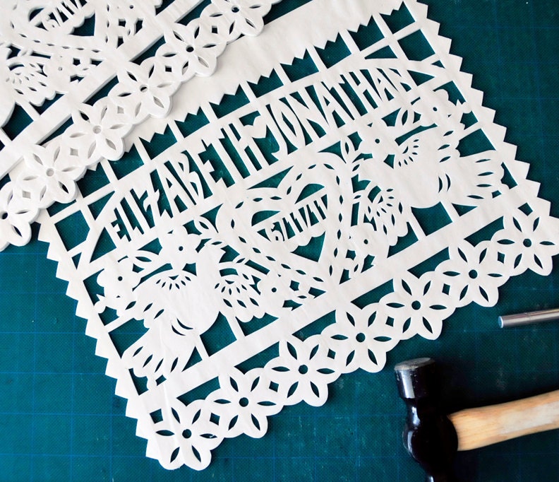 Mexican wedding banners . DOS PALOMAS (3 banners) Custom Names, Color Papel Picado