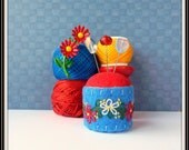 Red and Denim Blue Bottle Cap Pincushion