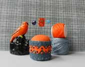 Denim with Orange Rick Rack Bottle Cap Pincushion