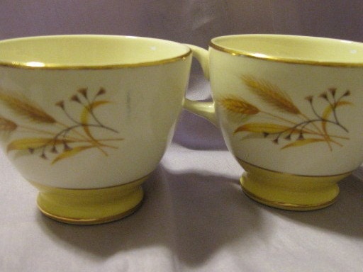 A Pair of Yellow and White Cups With A Wheat Pattern