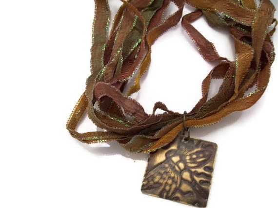Dragonfly Dream Hand made Brass and Ribbon Pendant