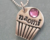 Personalized Cupcake Necklace Fine Silver Name Handstamped PMC Cherry Pink Ruby Corundum