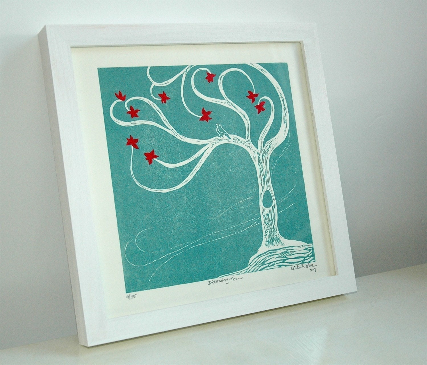 Dreaming Tree (turquoise w/red accent) - linoleum print