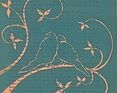 Lovebirds - linocut print on vintage book page - by Michelle Han