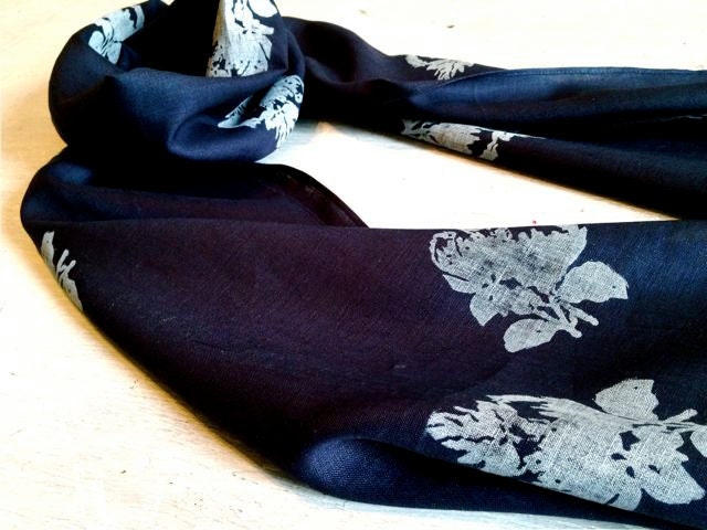 Magnolia Print Linen Scarf -- navy-indigo