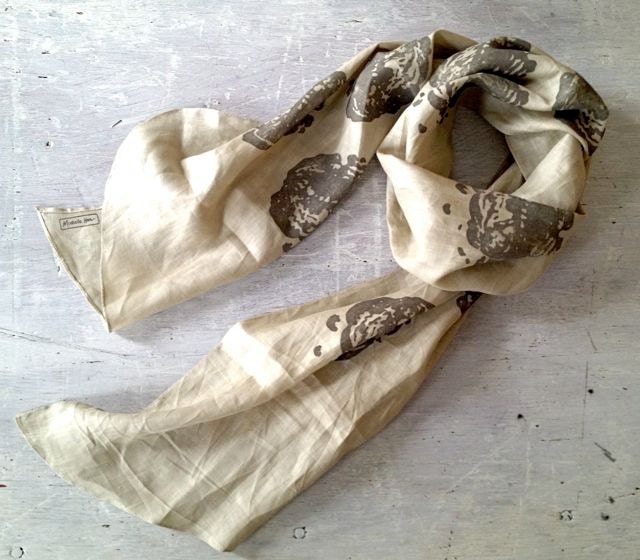 Peony Print Linen Scarf -- Sage (beige)