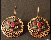 Ruby and Emerald Antique Style Oxidized Bronze and Filigree Disk Earrings-ancient Greek museum collection jewelry