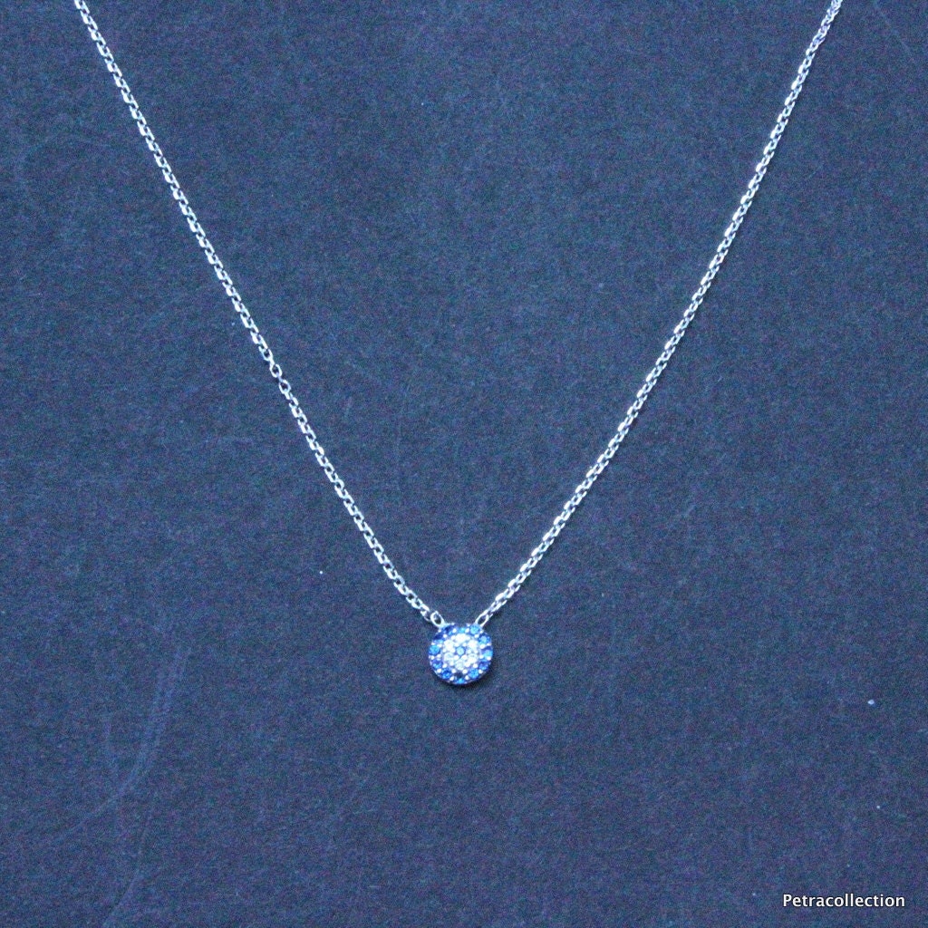 Sterling Silver  Evil Eye, Tiny Round with Pave Swarovski Crystals Celebrity Necklace
