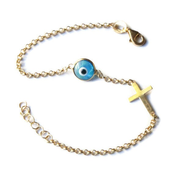 Blue Evil Eye and Sideways Cross Bracelet - Gold Vermeil