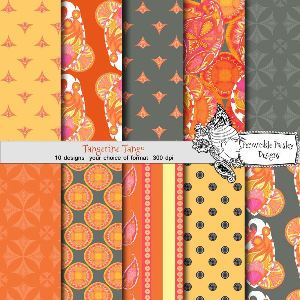 Scrapbooking Papers Digital Download Tangerine Tango orange paisley