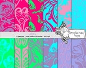 Scrapbooking Papers Pink Green Purple Damask Digital Download Alissa