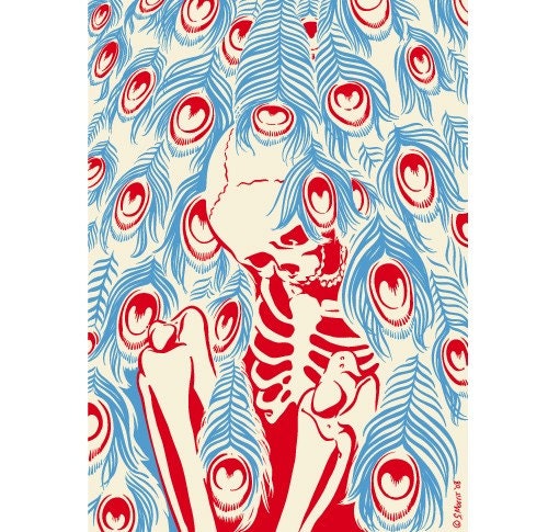 Skeleton with peacock feathers - Giclee Print