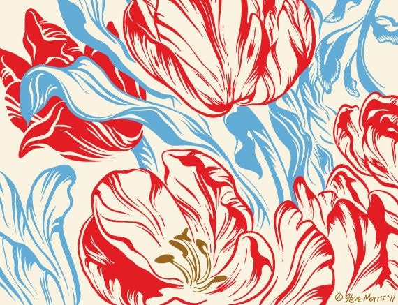 Tulip flower botanical illustration red and blue 5x7 Giclee Print