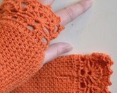Orange crochet gloves with lace trim F622