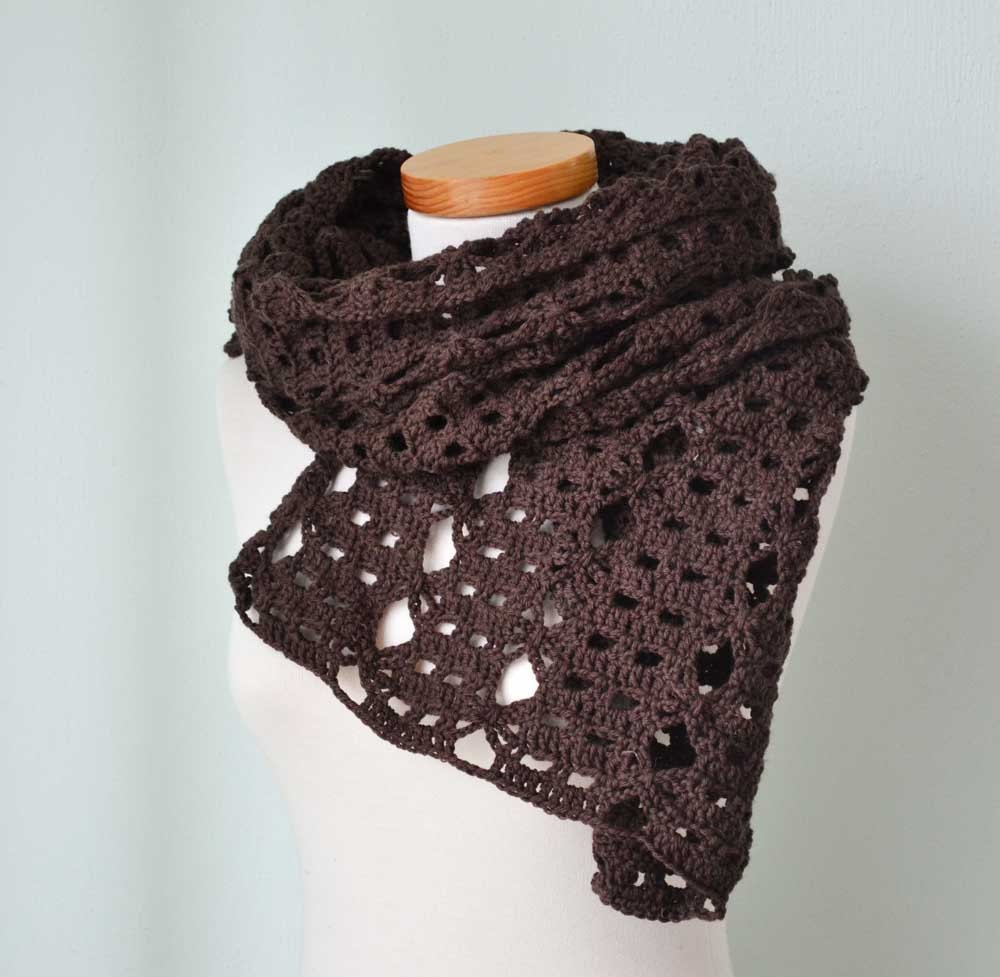 Chocolate brown lace crochet stole merino wool  G734