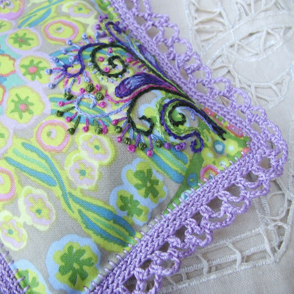 Purple Lavender Sachet, embroidered, crochet lace edging - windyriver