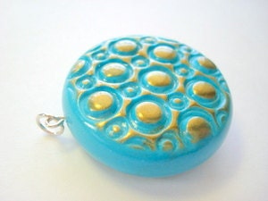 Reversible Turquoise and Gold Crackle Pop Handmade Polymer Clay Focal Bead or Pendant