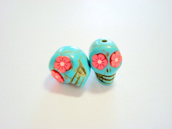 Red Flower Eyes in Small Turquoise Day of The Dead Skull Beads-12mm