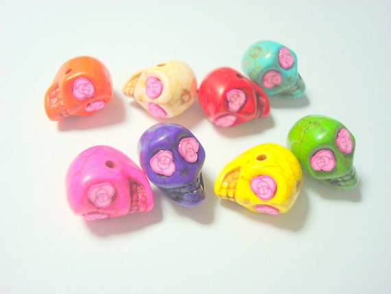 The Pink Roses Collection of 8 Horizontally Drilled Howlite Sugar Skull Beads 13mm