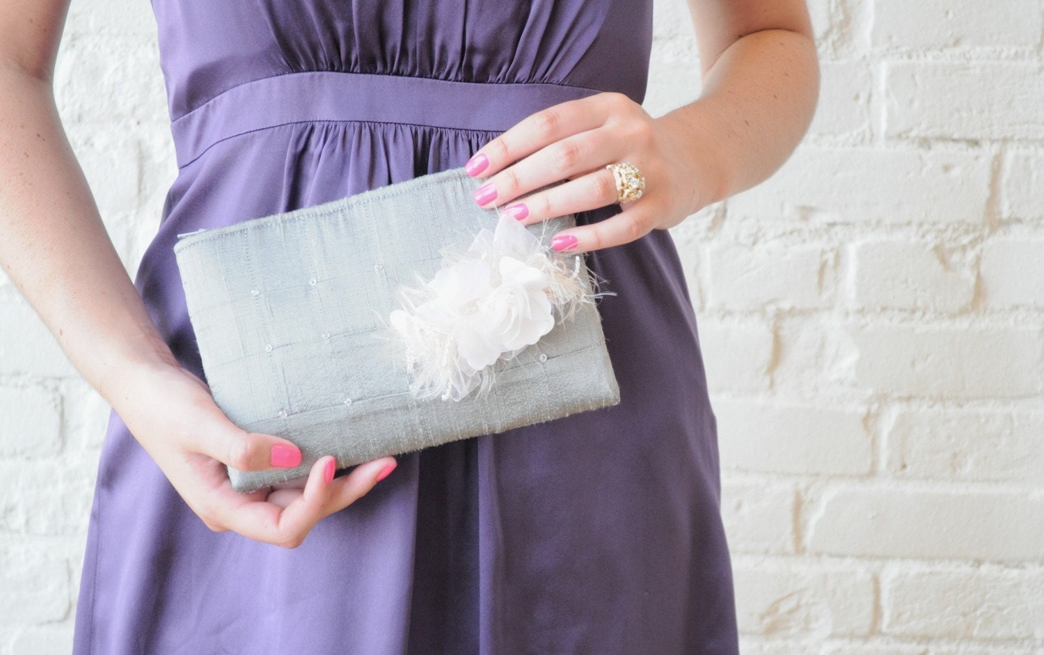 Silver Beaded Bridal Clutch - The Lily Viola Clutch in Platinum Silk, Bridal Bag, Wedding Purse, Mother of Bride / Groom Clutch Silver Gray