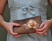 Clutch - The Lily Viola Clutch in Warm Brown silk, bride bridesmaids beaded bag, mother of bride groom flower silk purse