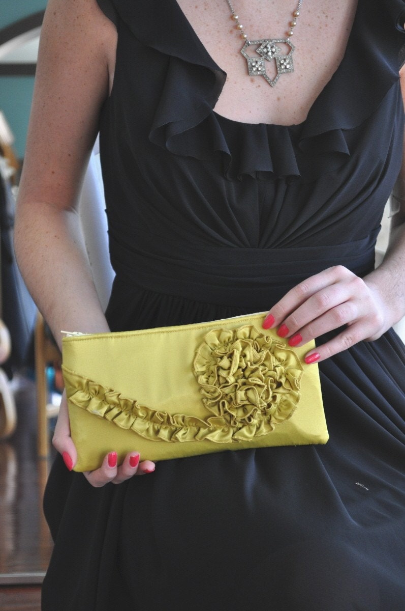 Clutch - The Kimberly Clutch in Citron Satin, bridal, bridesmaids ruffle purse, evening formalwear bag, yellow green satin