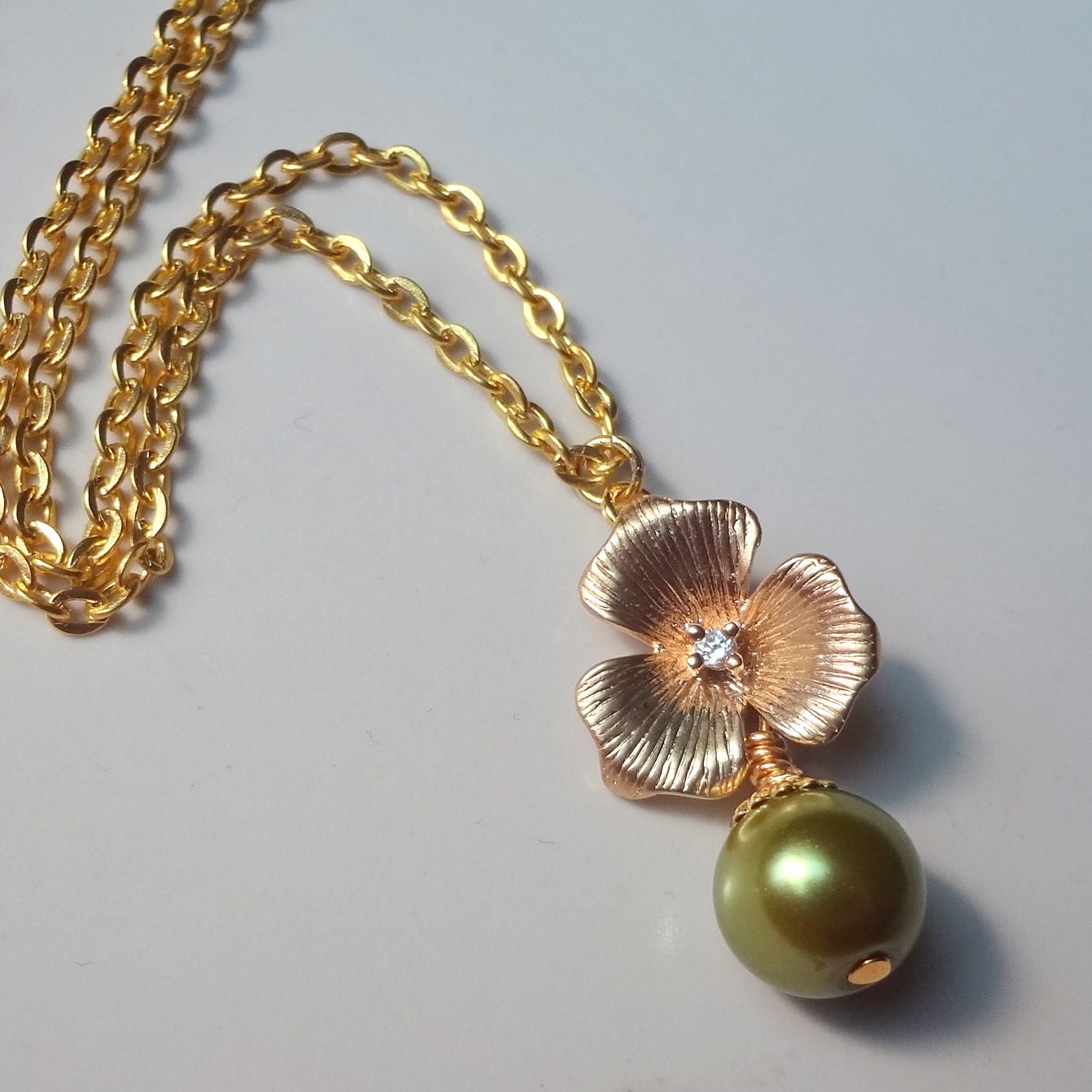 Gold Flower Necklace, Olive Green Pearl, Bridesmaid Necklace, Wedding Jewelry