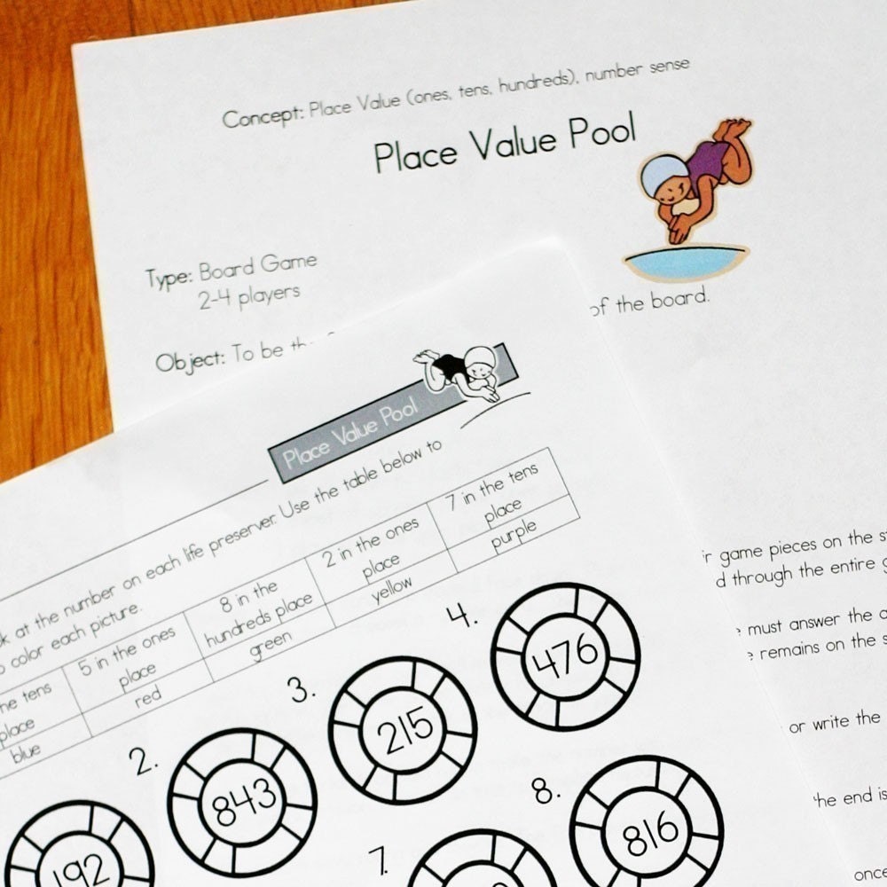 Place Value Pool Printable Math Game and Skill Sheet