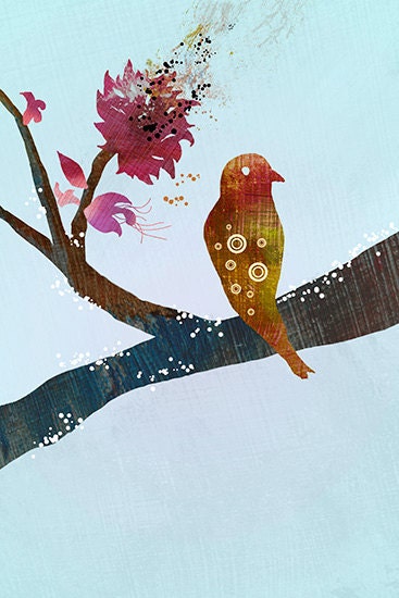 24x36 Bird Art Print - The World Standing Still (blue)- 24 x 36 LARGE Wall Art - Modern Home Decor