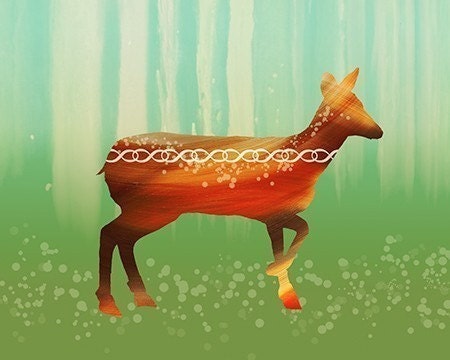 Deer Art Modern - Morning in the Forest - 8x10 Print - Orange Green - Woodland