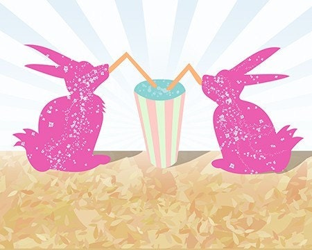 Bunny Rabbit Art - Milkshake Built for Two - 8x10 - Pink modern home decor Contemporary cute wall art