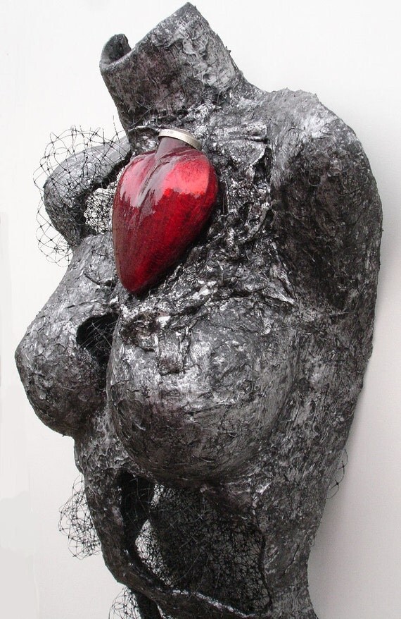 ENTANGLED mixed media female torso in silver and black with red glass heart
