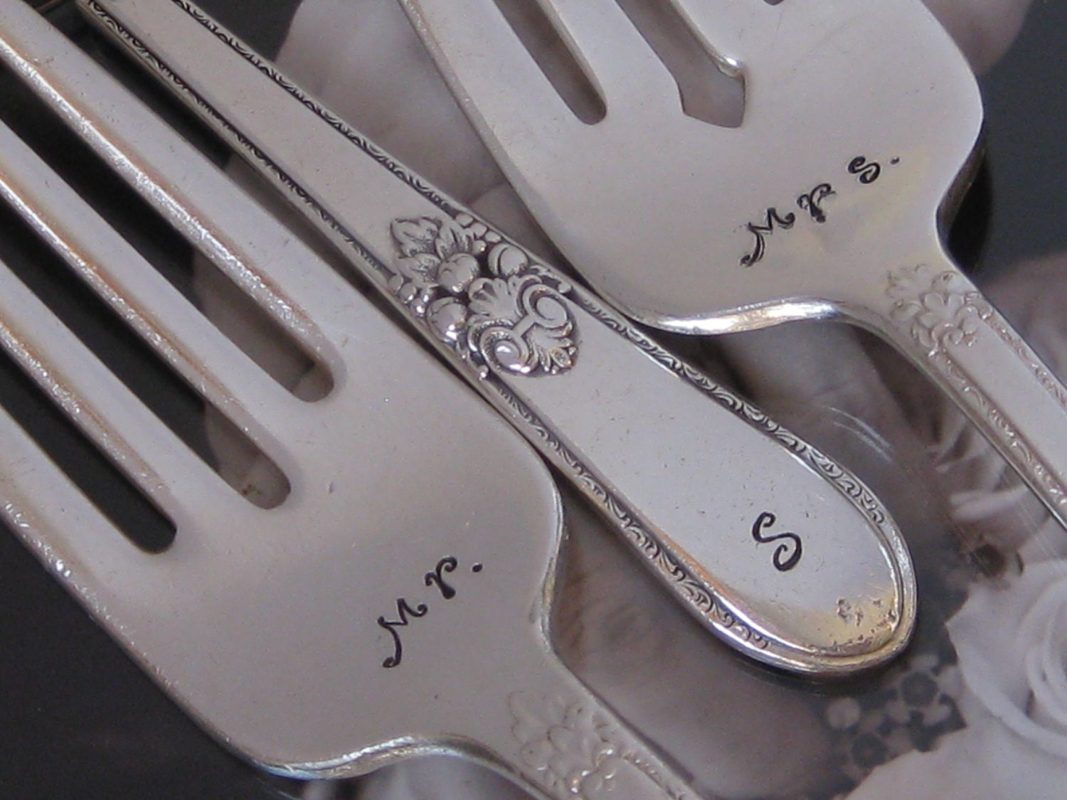 Vintage Upcycled Mr & Mrs Wedding/Anniversary Silverplate Handstamped Cake Fork Set With KEYCHAIN-Adoration or Beloved Pattern