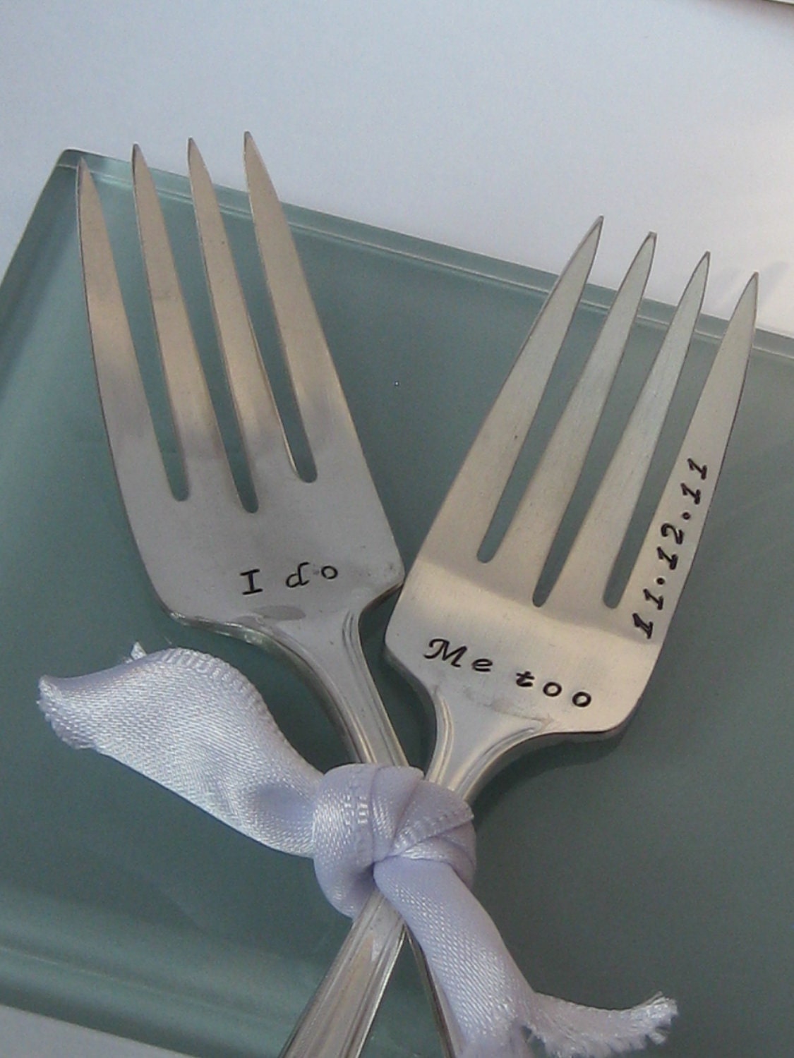 Vintage Upcycled I Do & Me too Wedding or Anniversary Silverplated Hand Stamped Cake Dessert Fork Set