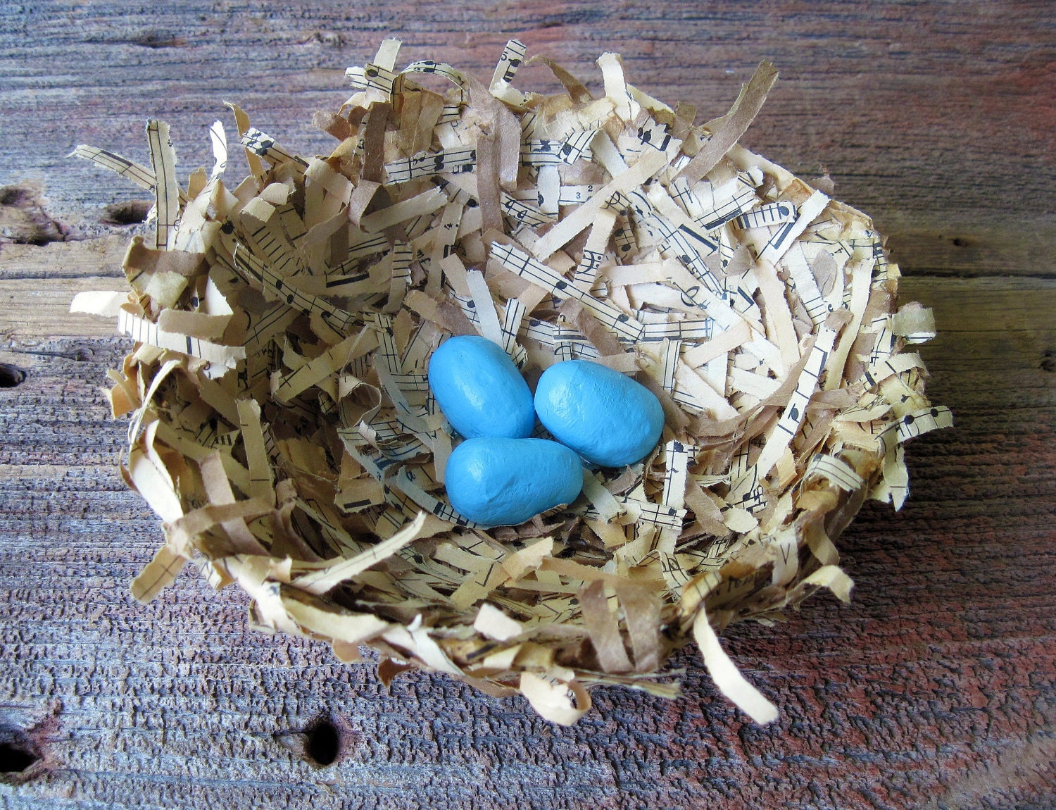 Paper Mache Bird Nest and Robin's Eggs-Large, Shabby Bird Nest, Folkart, Upcycled