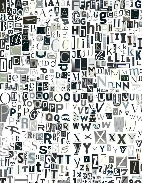 Printable Digital Alphabet - Black White Grey Series, A to Z, 1-10, Magazine, Upcycled, Cutout Letters, Black White Grey Letters
