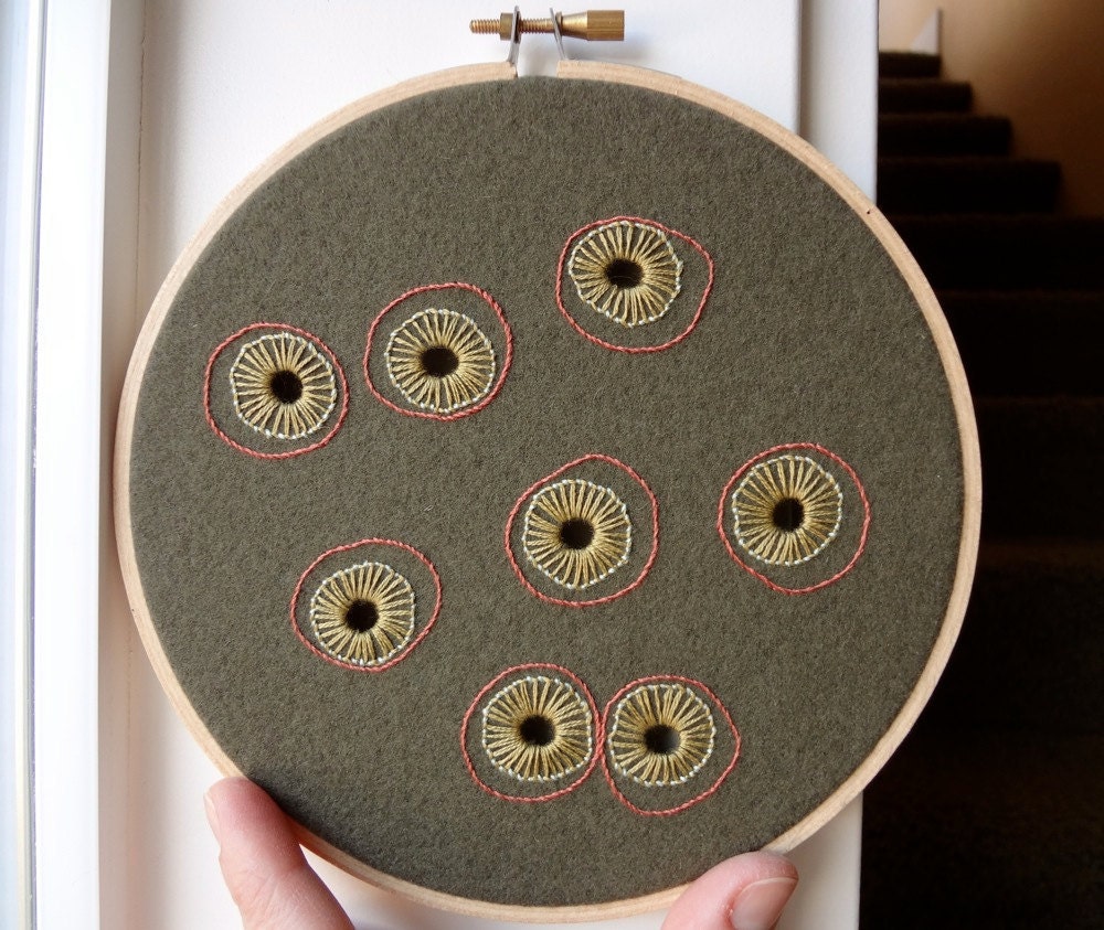 hand embroidered hoop art - freeform flowers on repurposed pool table felt in 6 inch hoop by bo betsy - free shipping