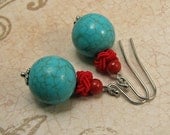 Turquoise and red earrings with chinese knot bead and coral