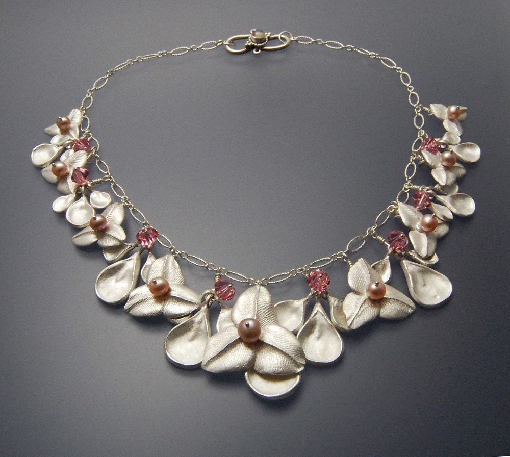 Silver Pink Pearl and Crystal Flower Necklace -- Pink Ophelia