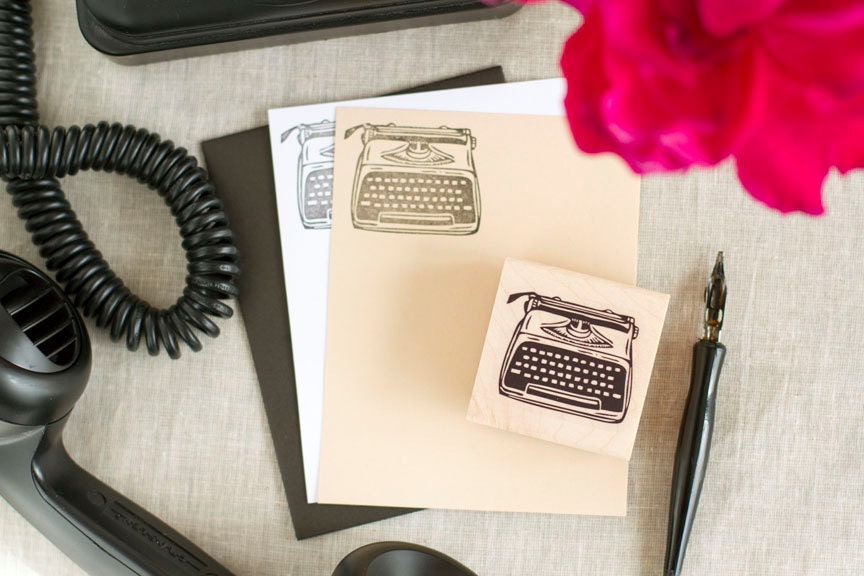 Vintage Typewriter Rubber Stamp - Handcrafted Wood Mounted - Great for Cardmaking Stationery Tags Giftwrap Wedding Crafts and more