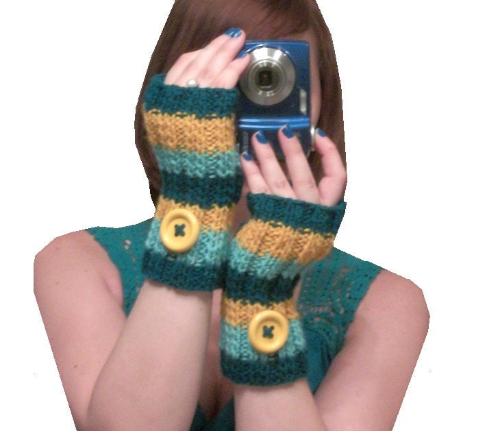 knit fingerless gloves in mustard yellow and teal - Teal Sunrise - Made to Order