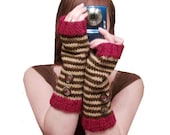 Long Fingerless Gloves - chocolate cherries - hand knit in red, caramel, and brown stripes