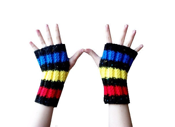 MADE TO ORDER Primary Colors Fingerless Gloves - hand knit in blue, yellow, red, and black stripes - StitchesandHearts