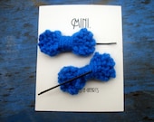 Mini Knit Hair Bows - Bright Blue Bows on Bobby Pins - under 10 stocking stuffer