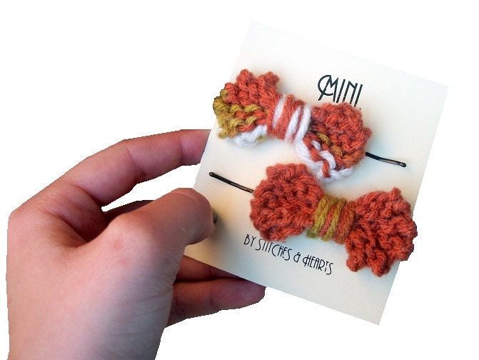 Mini Knit Hair Bows - Orange Multicolor Bows on Bobby Pins