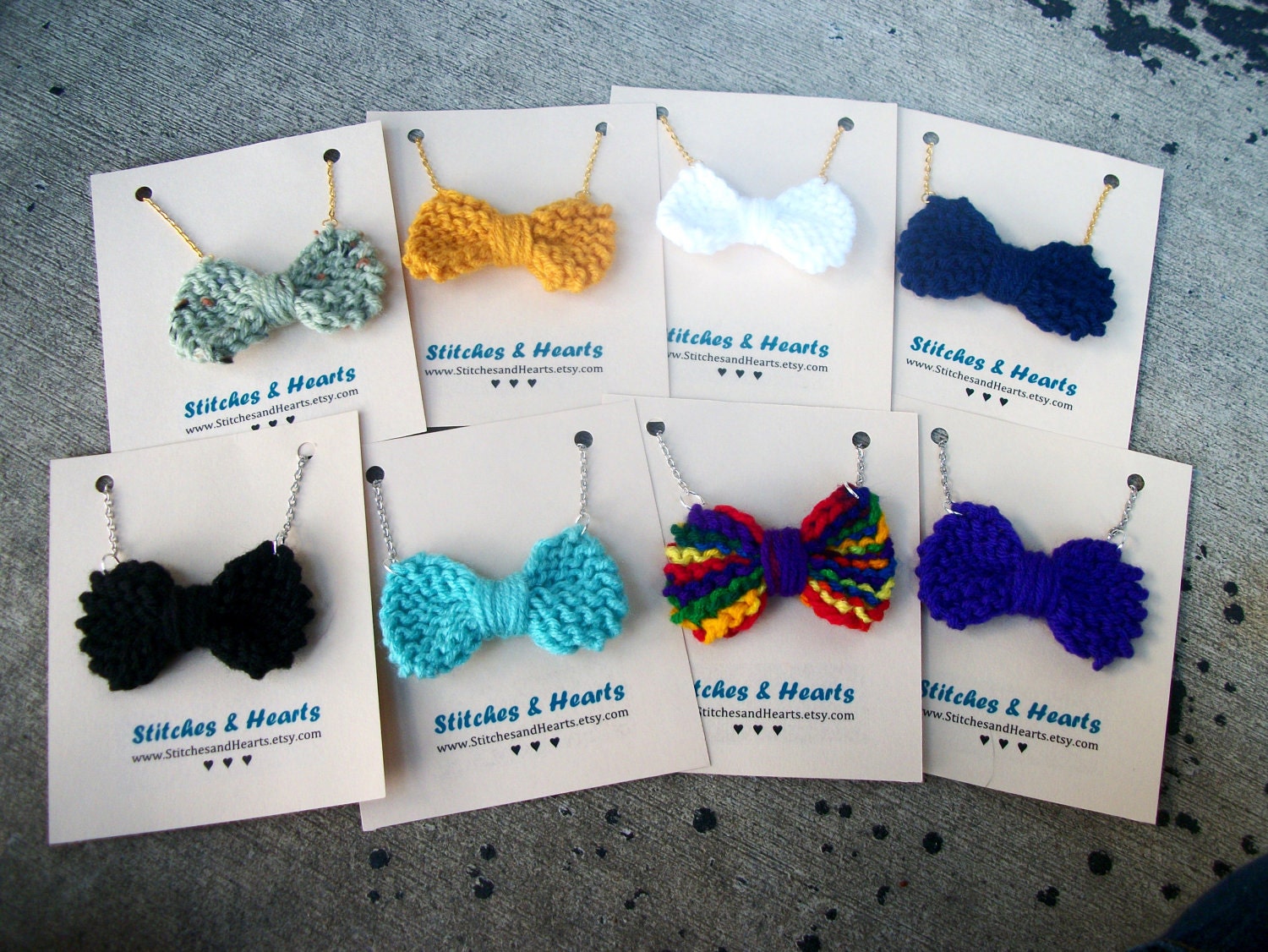 Knit Bow Necklace - hand knitted mustard yellow bow on gold chain