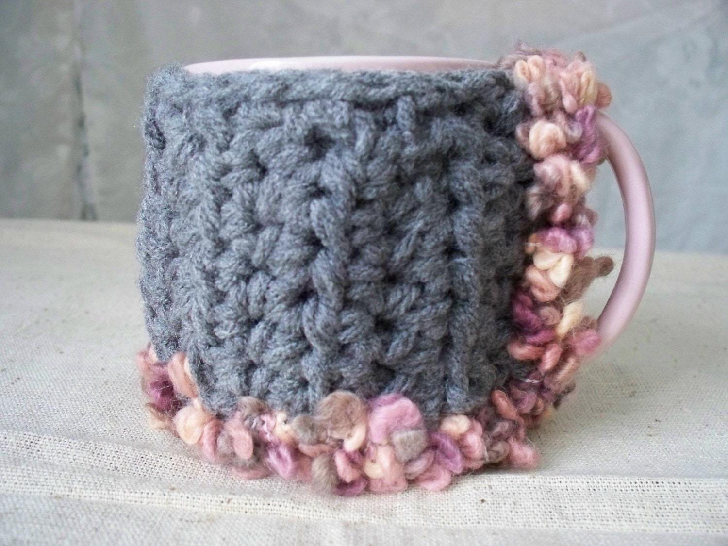 Mug Cup Cozy, Grey, Mauve Crocheted