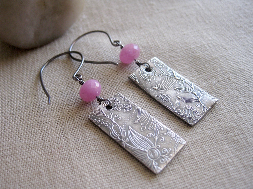 Sapphire Earrings Floral Recycled Silver PMC Floral Earrings Pink Sapphire Oxidized Sterling Silver - Wildflower