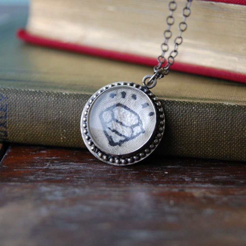 Handmade Antiqued Sterling Silver Necklace with Hand Crafted Embroidered Diamond Pendant