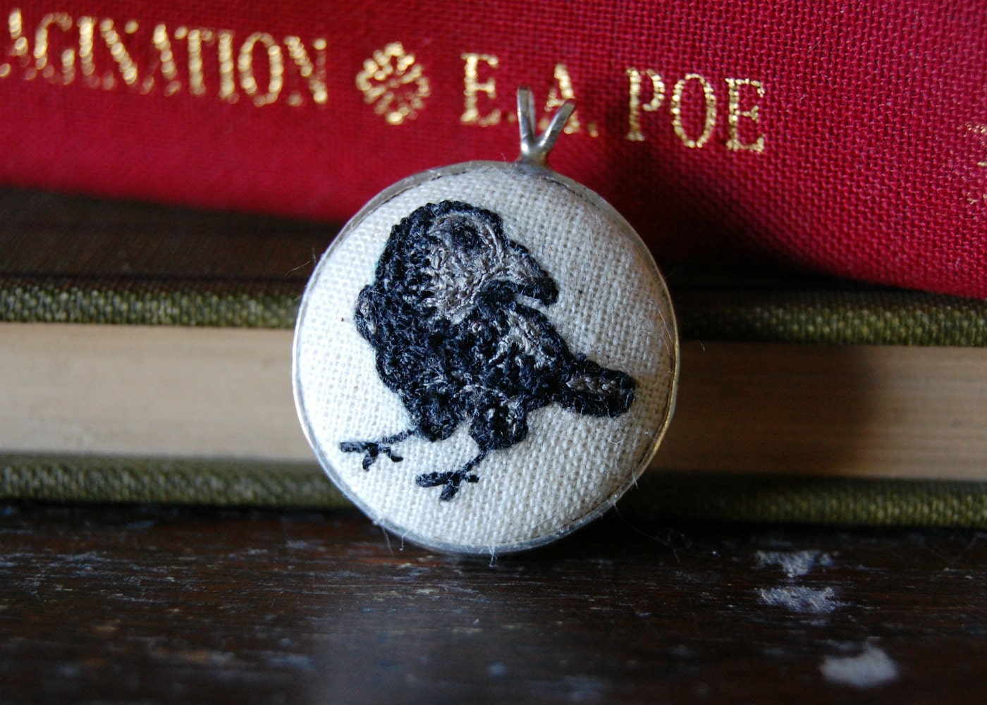Handmade Certified Green Sterling Silver Pendant with Embroidered Raven